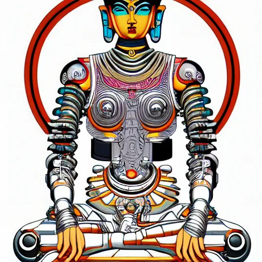 Prompt: vector line art cyberpunk cyborg tibetan multi armed bodhisattva, golden ratio, sharp linework, clean strokes, sharp edges, flat colors, cell shaded by moebius, Jean Giraud, trending on artstation