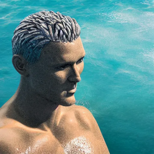 Prompt: a giant aqua sculpture of a human head on the ocean water, cinematic, in the style of chad knight, long shot, hyper detailed, hyper realistic, ray tracing, 8 k resolution, sharp focus, realistic water, award winning