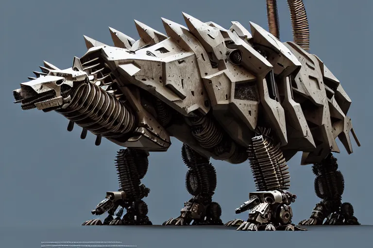 Image similar to stegosaurus in a cyborg mech suit, by alexandre ferra, zezhou chen, peter gric, mohamed reda and hr giger, hyper detailed, screen print, character concept art, realistic, coherent, octane render, zbrush central, behance hd, hypermaximalist