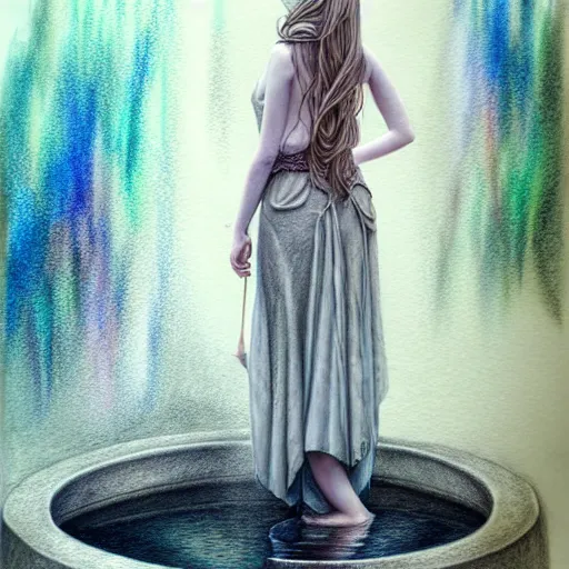 Prompt: hyper realistic pencil drawing of a fantasy princess standing by a fountain, muted water color, full portrait, detailed, rim light, diffused, intricate, by anna dittmann