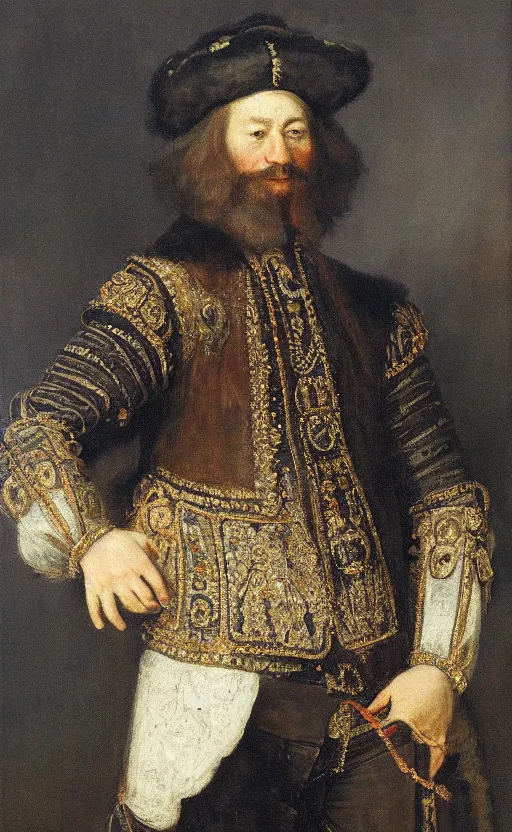 Prompt: a portrait of gigachad ernest khalimov in renaissance aristocratic clothes and in the style of rembrandt