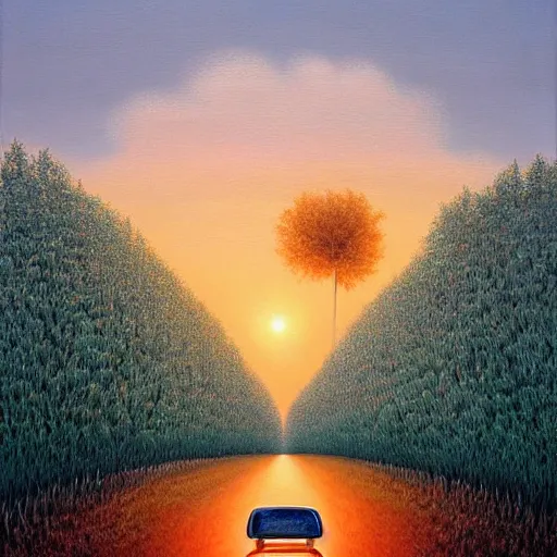 Image similar to a painting of an unimaginably beautiful landscape at golden hour, an ultrafine detailed painting by rafal olbinski, behance contest winner, pop surrealism, detailed painting, very detailed, minimalist, skeuomorphic, airbrush art