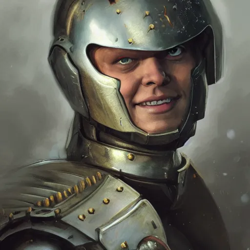 Image similar to doomguy as an attractive young smiling woman dressed as a knight, face portrait, hd shot, digital portrait, beautiful, fantasy art, artstation, comic style, by artgerm, guy denning, jakub rozalski, magali villeneuve and charlie bowater