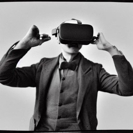 Prompt: vintage photo of a man from the 1800s using a vr headset, 35mm film