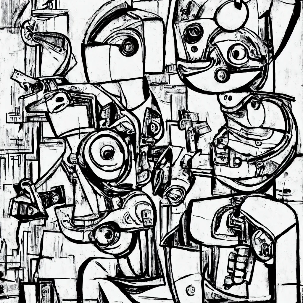 Prompt: monotonous, black and white, urban picasso style illustration : a robot that is an artist