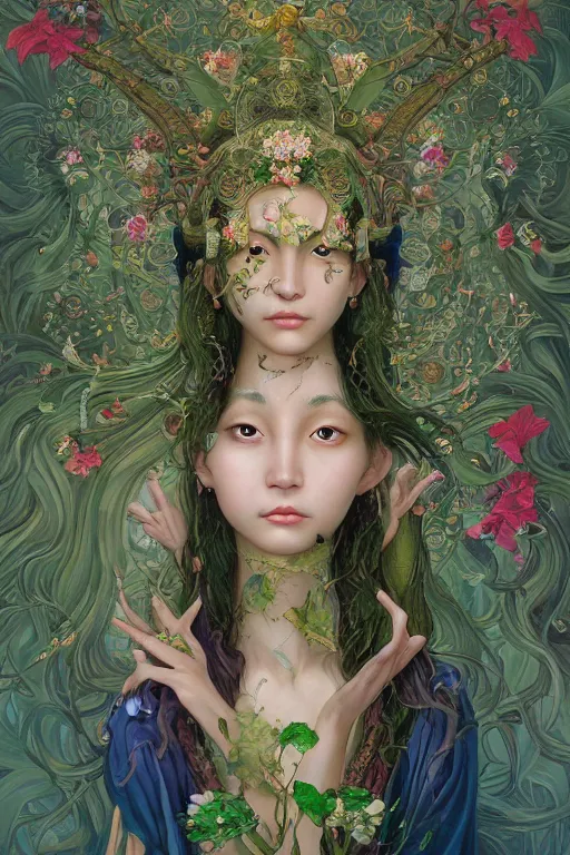 Image similar to breathtaking detailed concept art painting of the goddess of green bugs, orthodox saint, with anxious, piercing eyes, ornate background, amalgamation of leaves and flowers, by Hsiao-Ron Cheng, James jean, Miho Hirano, Hayao Miyazaki, extremely moody lighting, 8K