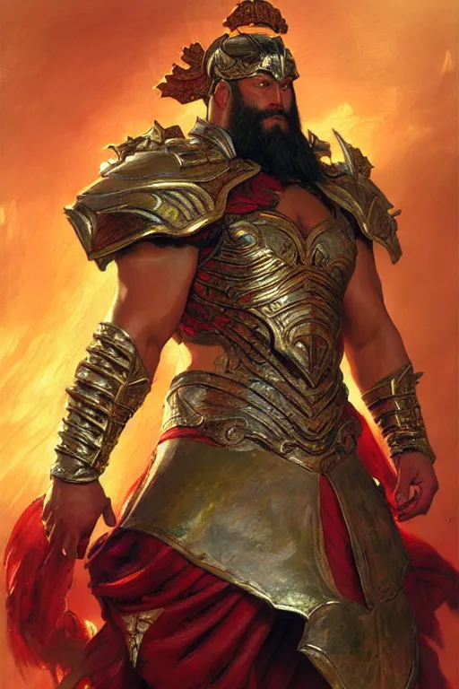 Image similar to attractive beefy male with armor, guan yu, character design, colorful paint, sweat, painting by gaston bussiere, craig mullins, j. c. leyendecker