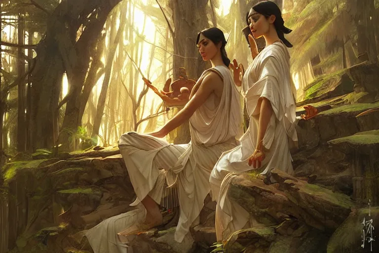 Image similar to forest, temple, taoism, painting by greg rutkowski, j. c. leyendecker, artgerm