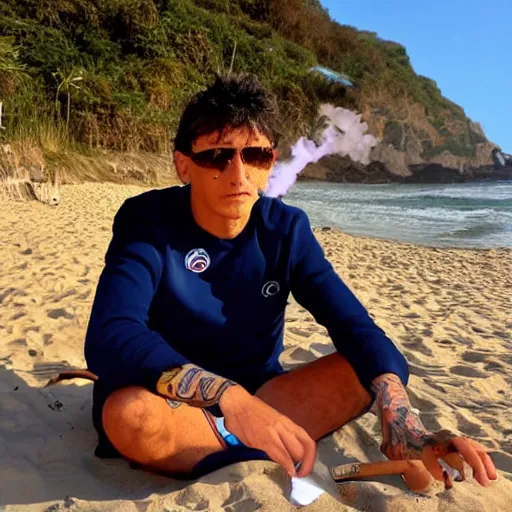 Image similar to Diego maradonna smoking a spliff at the beach