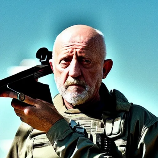 Image similar to Film Still of Mike Ehrmantraut carrying a sniper rifle and wearing a bulletproof vest, 4k, highly detailed