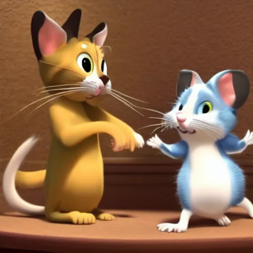 Image similar to tom and jerry as a real cat and mouse, very very realistic, 4 k, detailed