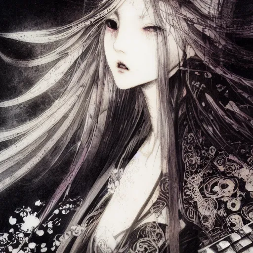 Image similar to yoshitaka amano blurred and dreamy illustration of an anime girl with black eyes, wavy white hair fluttering in the wind wearing elden ring armor and engraving, abstract black and white patterns on the background, noisy film grain effect, highly detailed, renaissance oil painting, weird portrait angle, blurred lost edges, three quarter view