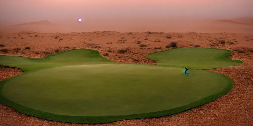 Image similar to a great photograph of the most amazing golf hole in the world, in the sahara desert, ambient light, golf digest, top 1 0 0, fog