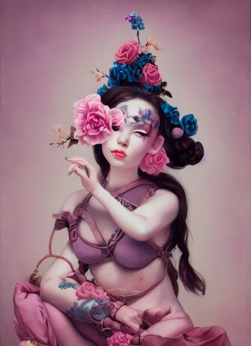 Image similar to pop surrealism, lowbrow art, realistic seductive cute woman sitting painting, pink body harness, japanese shibari with blue flowers, hyper realism, muted colours, rococo, natalie shau, loreta lux, tom bagshaw, mark ryden, trevor brown style,