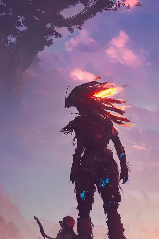 Image similar to combination suit armor aloy horizon forbidden west horizon zero dawn radiating a glowing aura global illumination ray tracing hdr fanart arstation by ian pesty and alena aenami artworks in 4 k tribal robot ninja mask helmet backpack