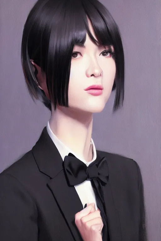 Image similar to a ultradetailed beautiful panting of a stylish woman wearing a black loose fit suit with a tie, oil painting, by ilya kuvshinov, greg rutkowski and makoto shinkai, trending on artstation