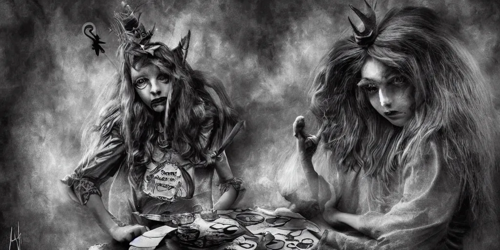 Image similar to alice in wonderland dark with evil under tones ,digital art, high detail, hyper realistic,