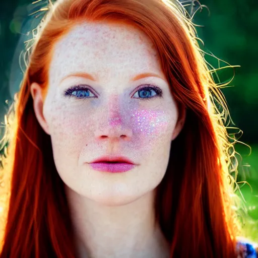 Image similar to close up portrait photo of the left side of the face of a redhead woman with galaxy of stars inside her eyes, she looks directly at the camera. Slightly open mouth, face covers half of the frame, with a park visible in the background. 135mm nikon. Intricate. Very detailed 8k. Sharp. Cinematic post-processing. Award winning photography