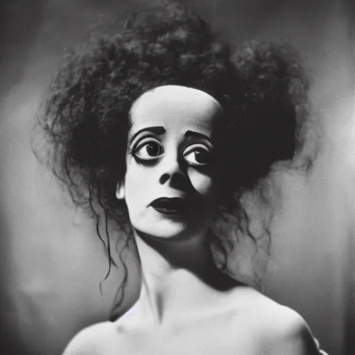 Image similar to dslr photo portrait still of young elsa lanchester as the bride, frankenstein, by gustave dore, 8 5 mm, f 1. 8,