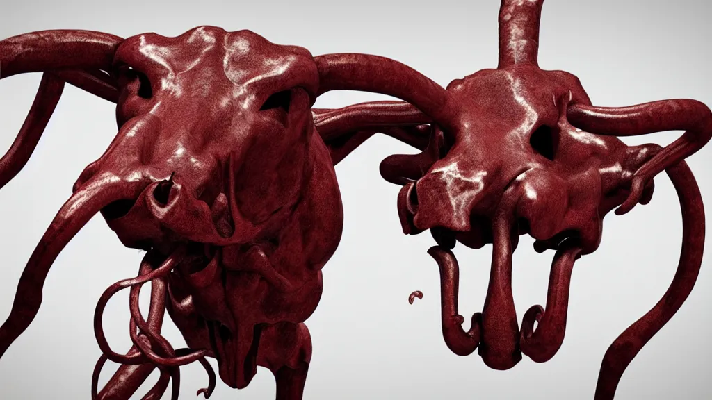 Image similar to stylized shiny polished silver statue full body bizarre extra limbs cosmic horror quadruped animal cow bovine skull four legs made of creature tendrils perfect symmetrical body perfect symmetrical face hyper realistic hyper detailed by johannen voss by michelangelo octane render blender 8 k displayed in pure white studio room anatomical deep red arteries veins flesh