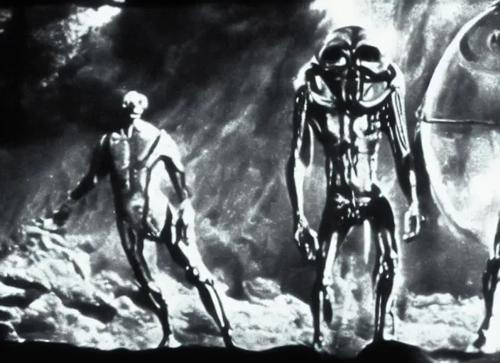 Prompt: scene from a 1930 science fiction film about an alien invasion