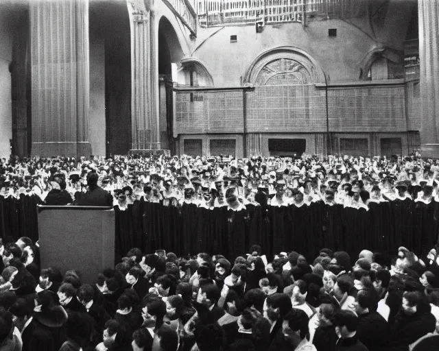 Prompt: anonymous at lectern with large presentation display behind, crowded university hall, photo