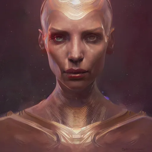 Image similar to portrait of an alien queen from 5th dimension, by Greg Rutkowski. Extremely detailed, digital art