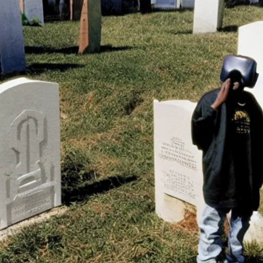 Prompt: rapper MF DOOM standing next to a hollowed out grave and coffin