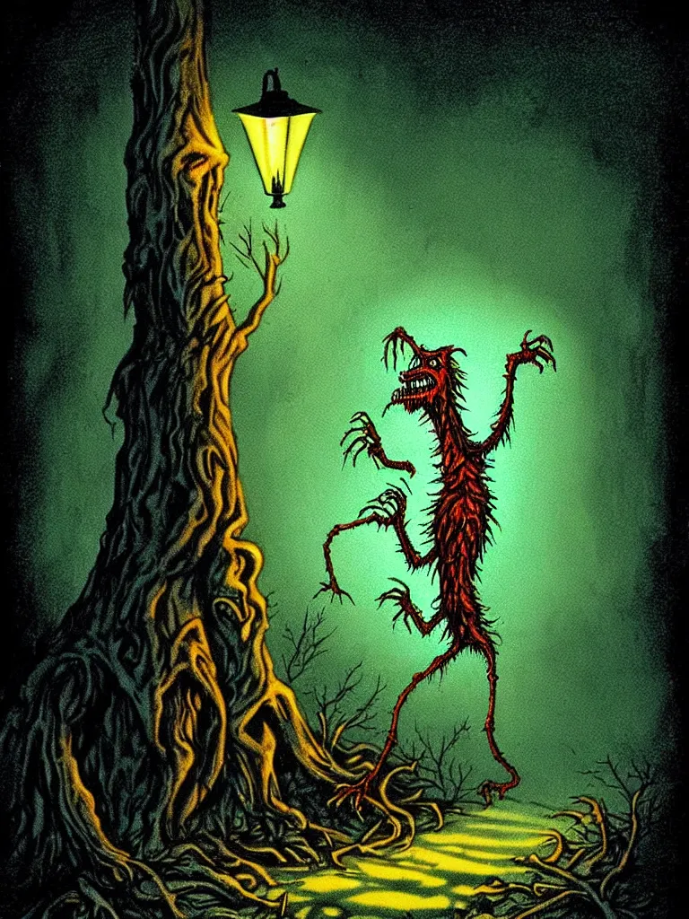 Image similar to Full Color Vintage Horror Illustration of a Creature Coming out of the bushes at night. Streetlight Glowing , Spooky lighting , Pinterest