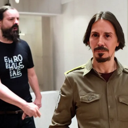 Image similar to pablo iglesias dressed as a neo - nazi leaving the bathroom