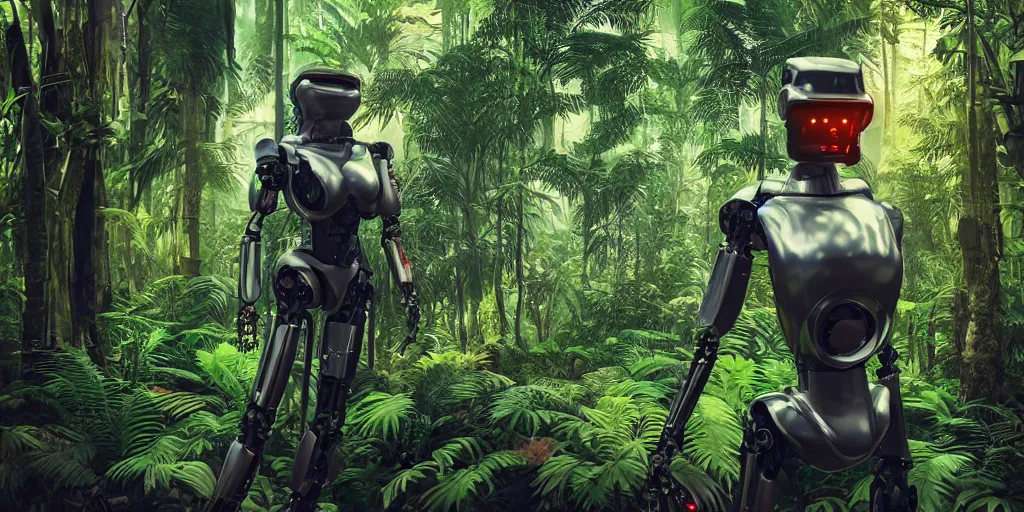 Image similar to cyberpunk robot in the asian rainforest, immaculate details, vintage polaroid photo, hyper realistic, ultra realistic, photo realistic, photography, ray tracing, octane render, vray render, weta digital, unreal engine 5,