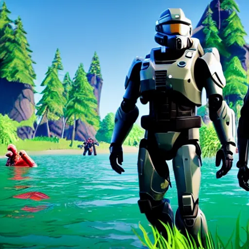 Prompt: Master Chief drowning in a lake, while Robocop watches from the shore, a screenshot from Fortnite