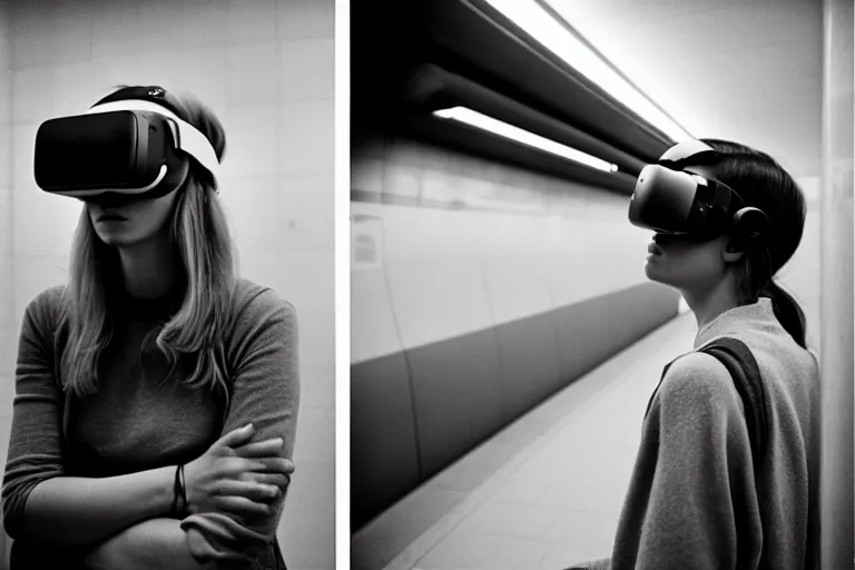 Prompt: girl in vr headset in a subway, richard avedon, tri - x pan, ominous lighting