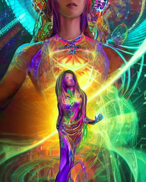 Image similar to a powerful energy psychedelic matrix priestess, by alexander fedosav, hyper detailed digital matte painting, concept art, hyperrealism, 1 6 k resolution, cinema 4 d, 8 k resolution, trending on artstation, behance hd, a masterpiece, by stephan martiniere, particles, cel - shaded, power bright neon energy, by david a. hardy,