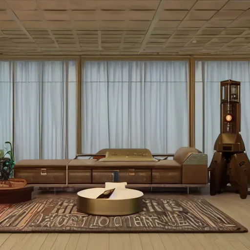Image similar to Sci fi engine room living room, electric wallpaper, unreal engine 5 tech demo, zillow interior, cool tint, metallic reflective, octane render, Frank Lloyd Wright ((Studio Ghibli))