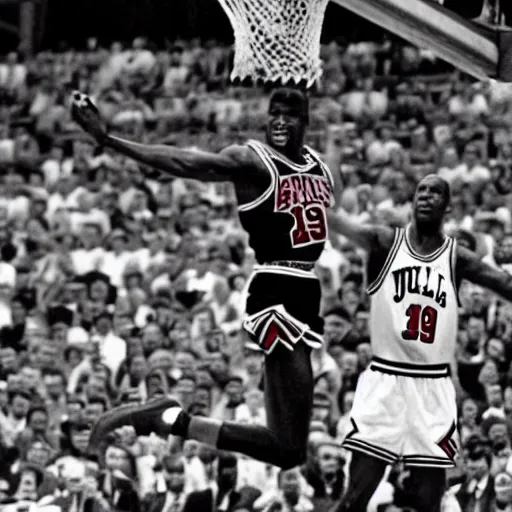 Image similar to jfk dunking on michael jordan. 1990s.