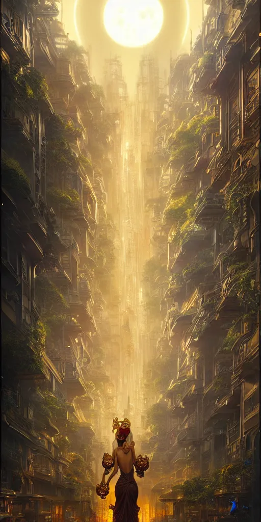 Image similar to golden ornate goddess looking at a hyper realistic cyberpunk city, busy crowded market street overtaken by lush plants, full moon, light rays, gnarly trees by tom bagshaw, mucha, gaston bussiere, craig mullins, j. c. leyendecker 8 k