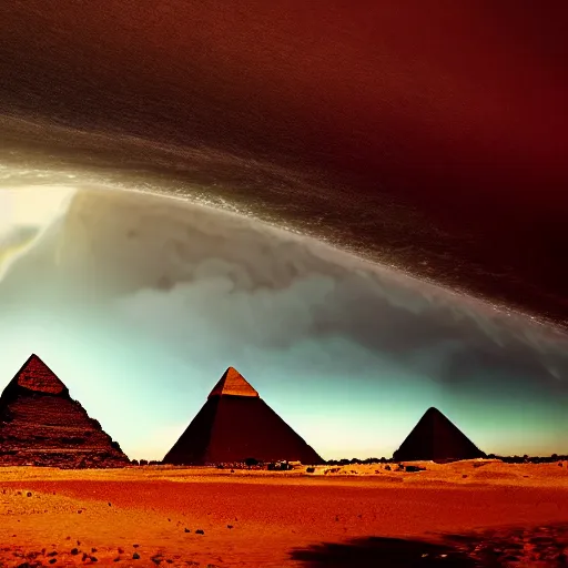 Prompt: giant mega tsunami wave about to crash over the gizah pyramids, cinematic, hyper realistic, dramatic light,