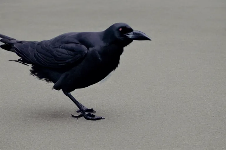 Image similar to close up of a obese crow with a round body short legs and large black beak, high resolution film still, film by Jon Favreau
