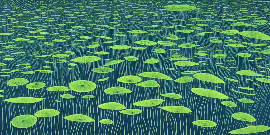 Prompt: Artwork by Tim White of the cinematic view of a forest of giant diatoms.