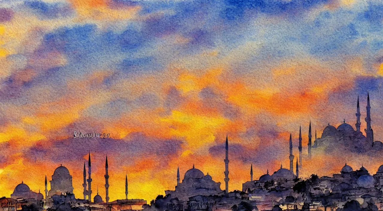 Prompt: skyline of istanbul at sunset, watercolor art, global illumination, god rays