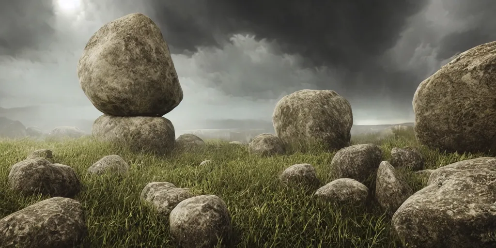 Prompt: Photorealistic epic landscape with magically floating rocks, with ominous storm clouds, strange levitating stones, stones falling from the sky, a gentle rising mist. Strange dark monks perform a ritual. Magical symbols float above them. occult photorealism, UHD, amazing depth, glowing, golden ratio, 3D octane cycle unreal engine 5, volumetric lighting, cinematic lighting, cgstation artstation concept art