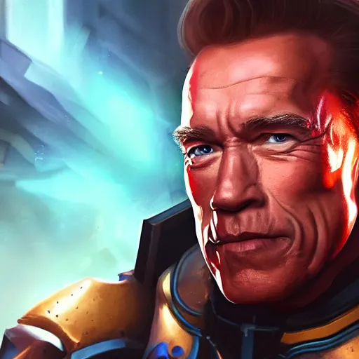 Image similar to a screenshot of arnold schwarzenegger as reinhardtin overwatch, portrait, fantasy, beautiful face, vivid colors, elegant, concept art, sharp focus, digital art, hyper - realistic, 4 k, unreal engine, highly detailed, hd, dramatic lighting by brom, trending on artstation