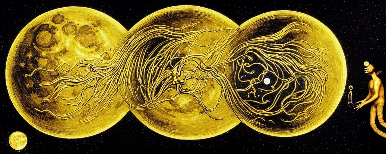 Image similar to a surreal creature with a mouth of gold radiates a unique canto'as above so below'to the moon, while being ignited by the spirit of haeckel and robert fludd, breakthrough is iminent, glory be to the magic within, in honor of saturn, painted by ronny khalil