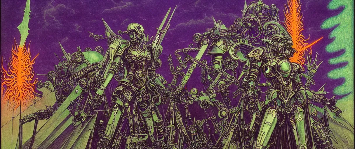 Prompt: composition of gothic and futuristic, warhammer, cyber japan armor, many scars, many mechflowers, thunderstorm, green head, some orange and purple, the middle ages, highly detailed, artstation, in the style of moebius, jugendstil and classic japanese print, psychedelic, art by jean delville and rene magritte