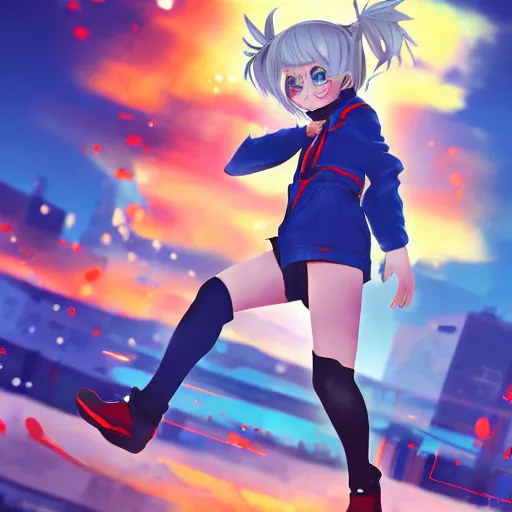 Image similar to Splash art Anime loli, blond hair with pigtails, blue coat and black shorts, she flies by using blue neon powers through the city. Cinematic sunset, faint orange light. Amazing piece Trending on Artstation