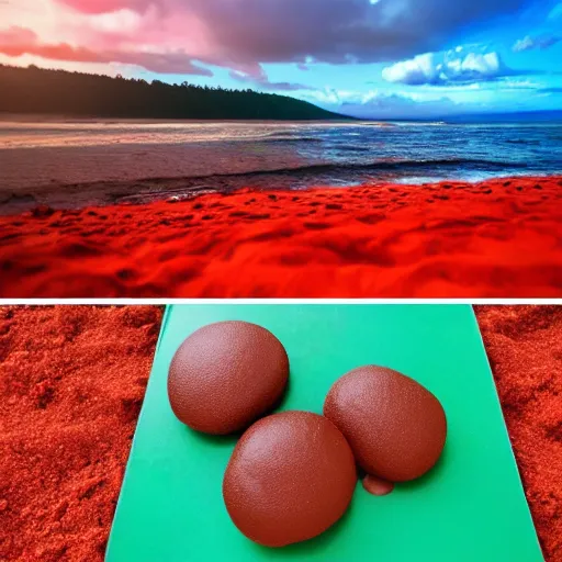 Image similar to mcdonalds on a red sand beach, green ocean, nebula sunset