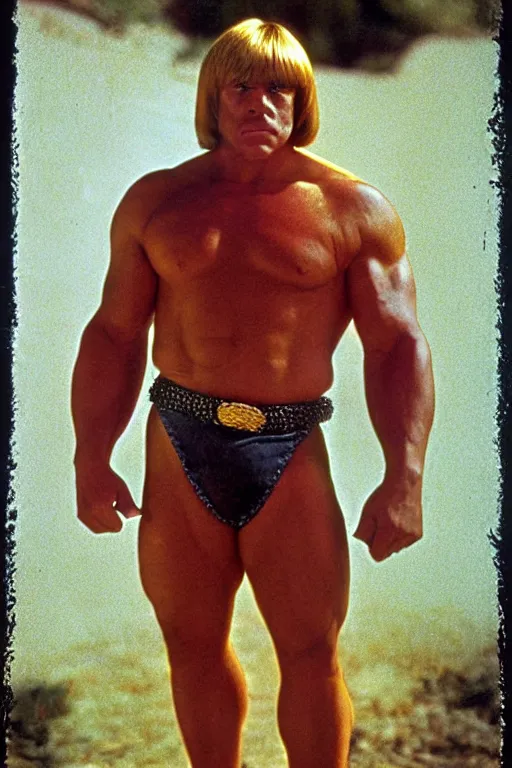 Image similar to he - man, portrait, full body, symmetrical features, color photo, 1 9 8 5 photograph, kodachrome, aged paper, sergio leone, master prime lenses, cinematic