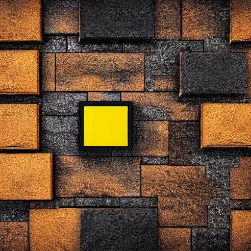 Image similar to a single yellow brick surrounded by many black bricks, photorealistic, photography, vignette, very detailed, 4 k