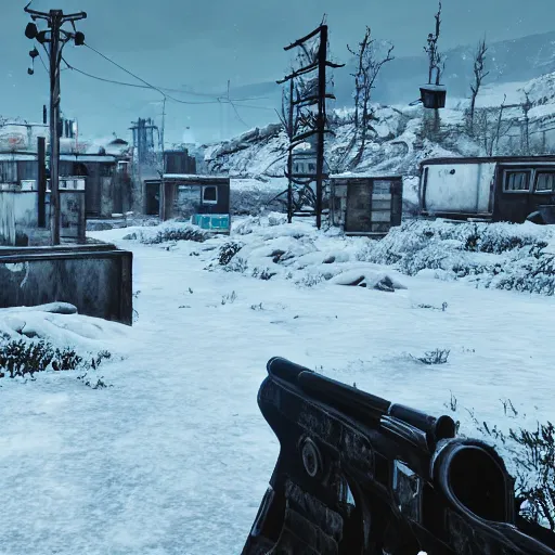 Image similar to iceland, winter in ruins post - nuclear war in fallout 4, in game screenshot